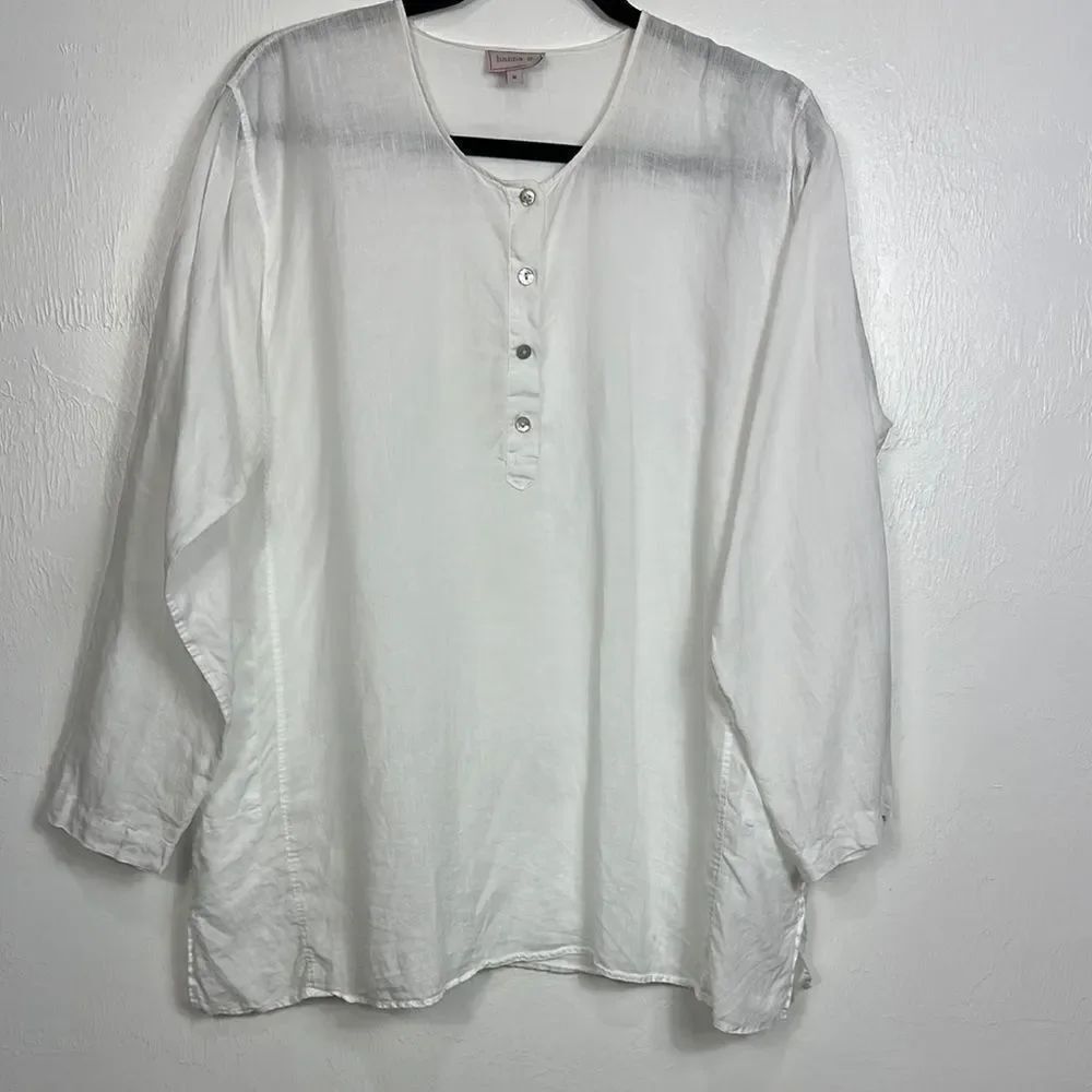 Hanna G White Linen Long Sleeve Button Front Blouse Top Size M